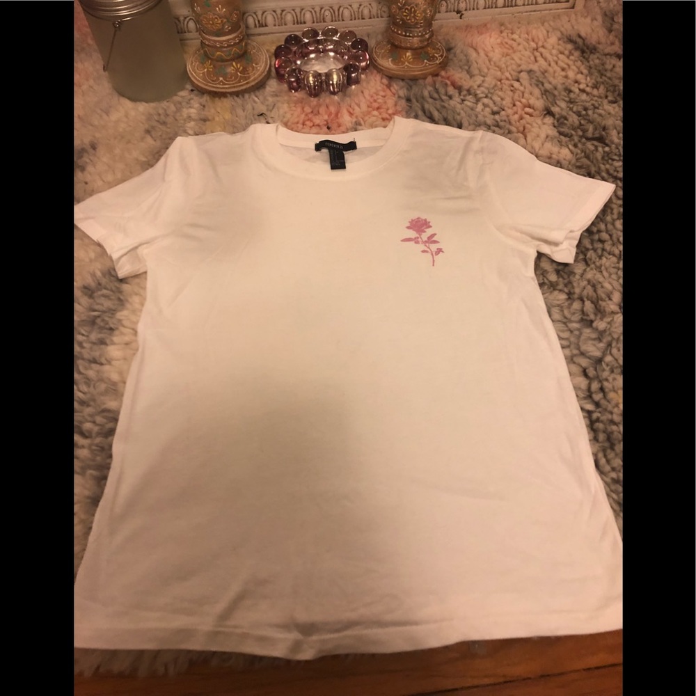 White Short Sleeve T Shirt With Pink Rose Graphic